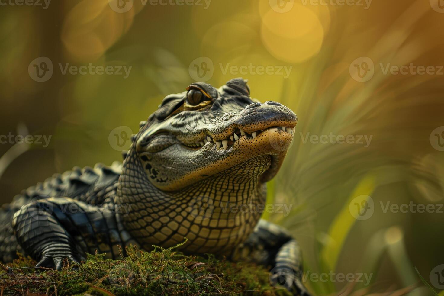 An alligator is sitting on a moss covered rock photo