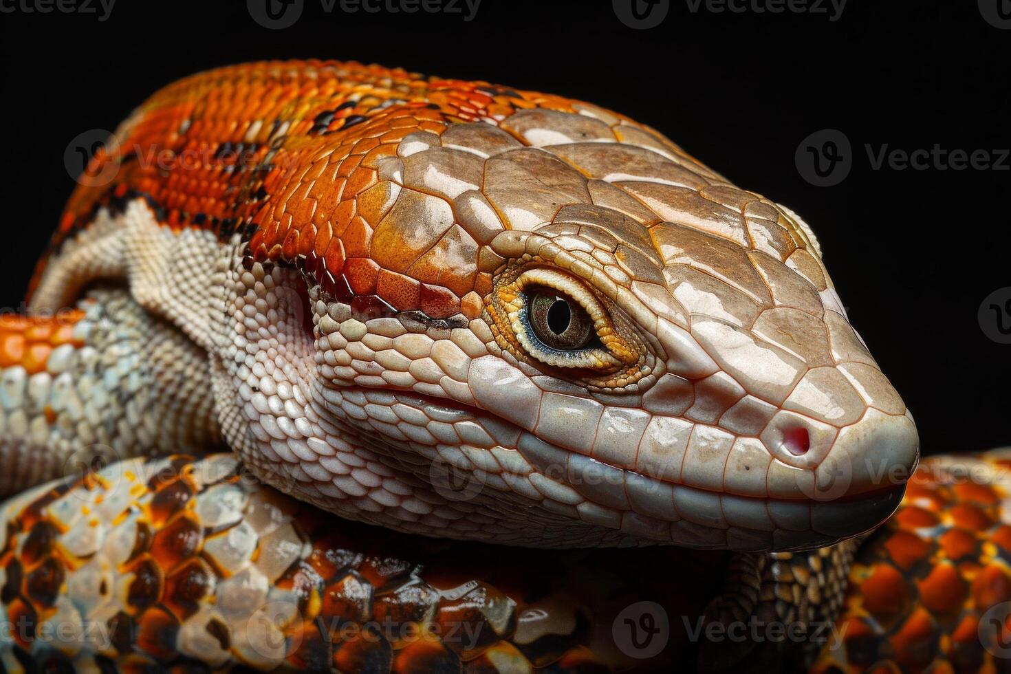 A close up of a lizard with orange and white stripes photo