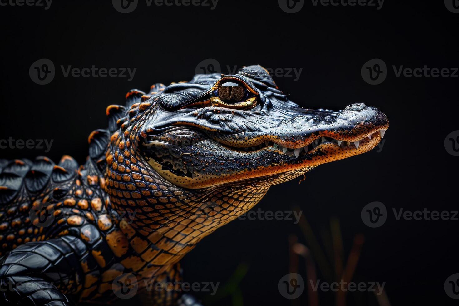 A close up of a alligator with its head turned to the side photo