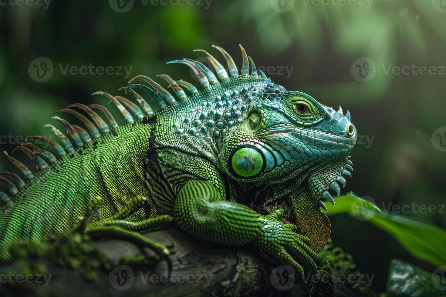 An iguana is sitting on a branch in the jungle photo