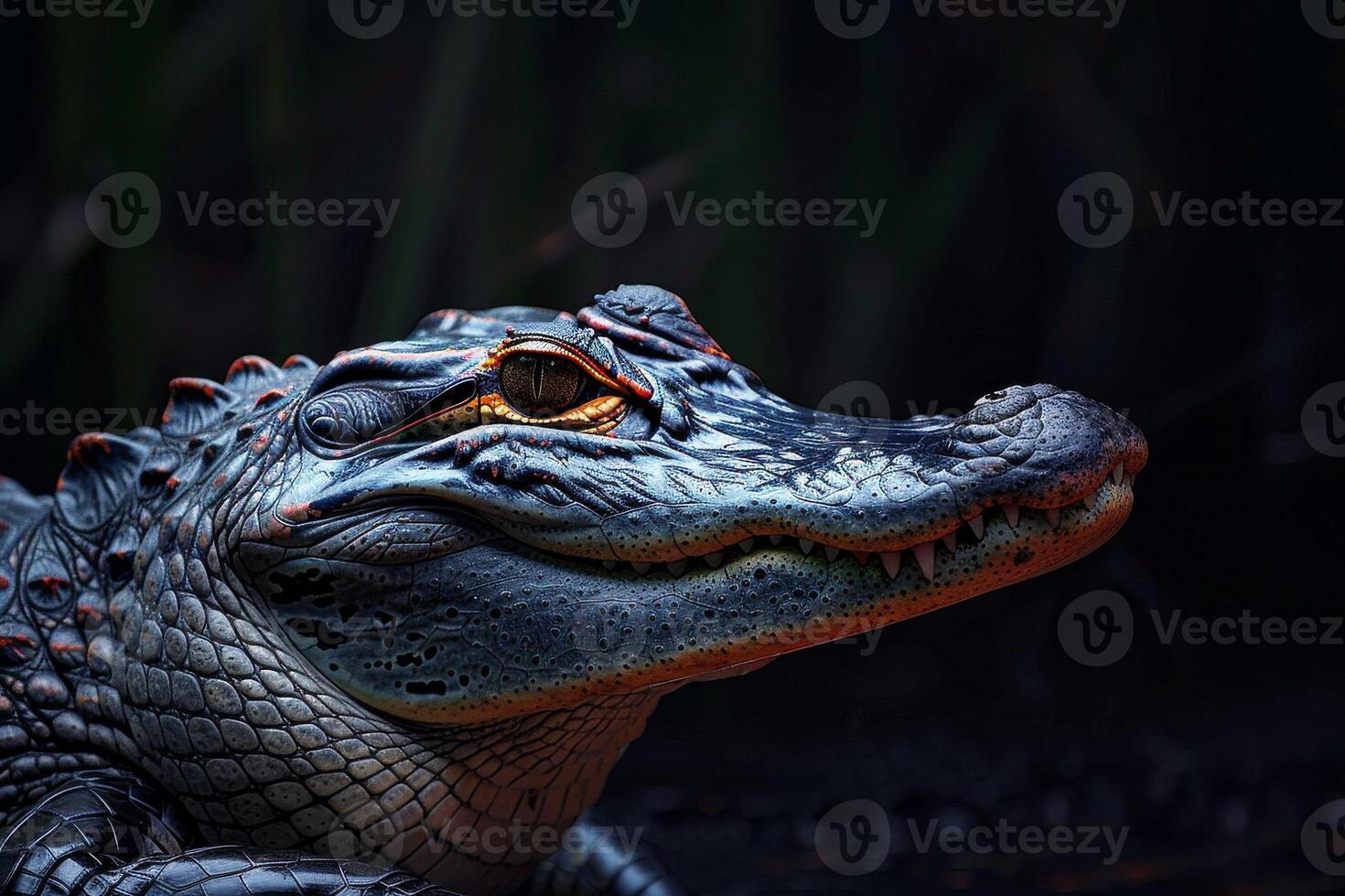 An alligator is sitting in the dark photo
