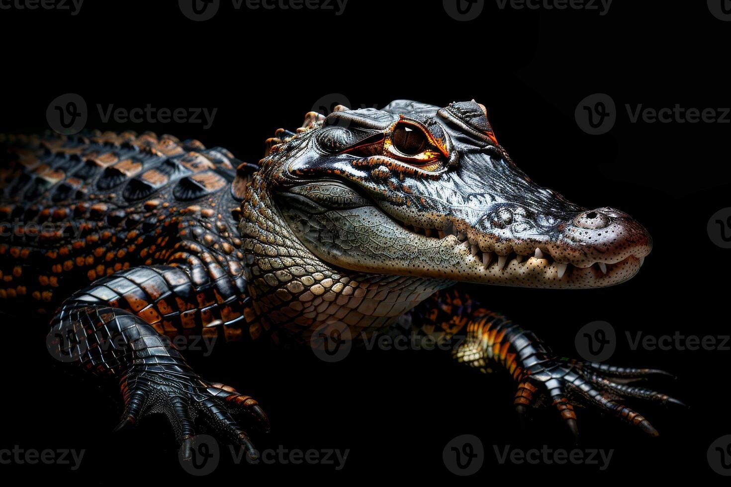 An alligator is sitting on a black background photo