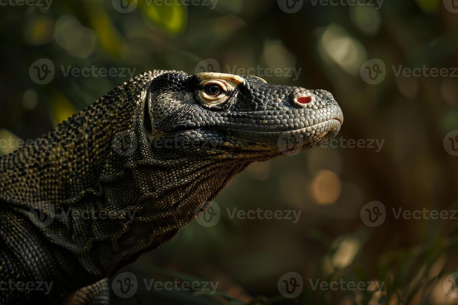 A close up of a lizard with a red eye photo