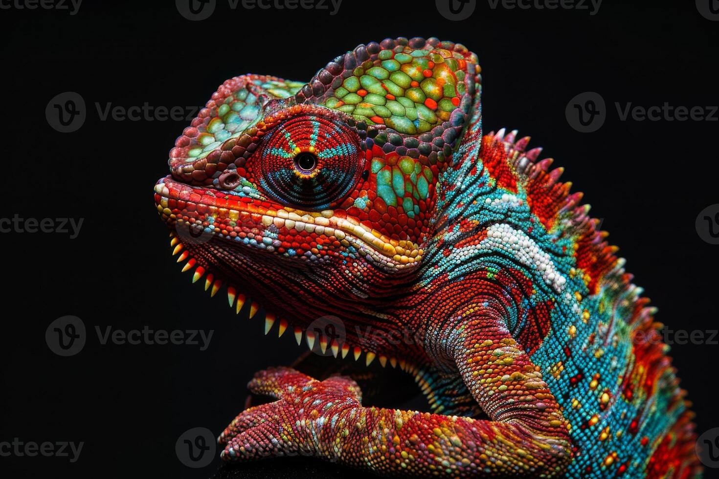 A colorful chameleon is sitting on a black background photo