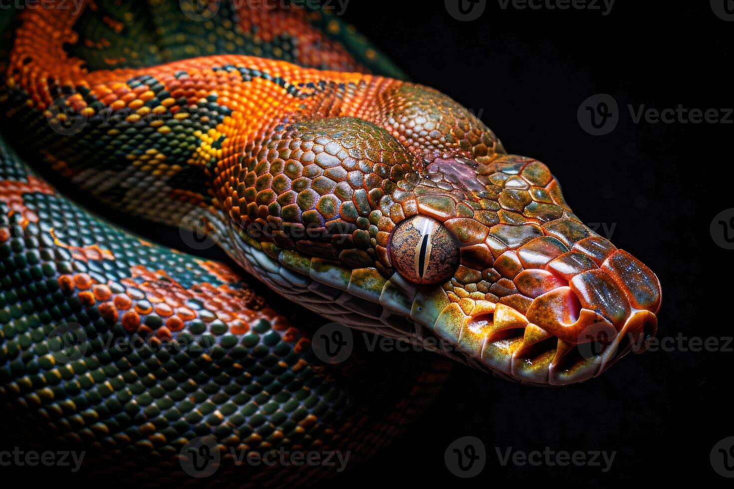 A close up of a colorful snake's head photo