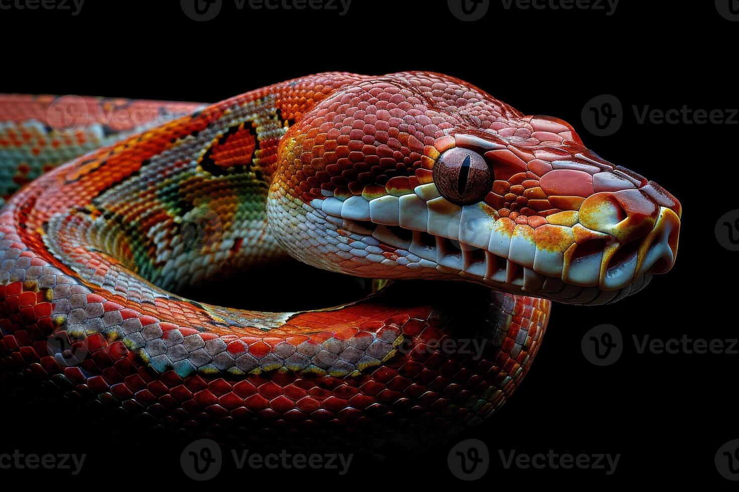 A red and orange snake with its head turned to the side photo