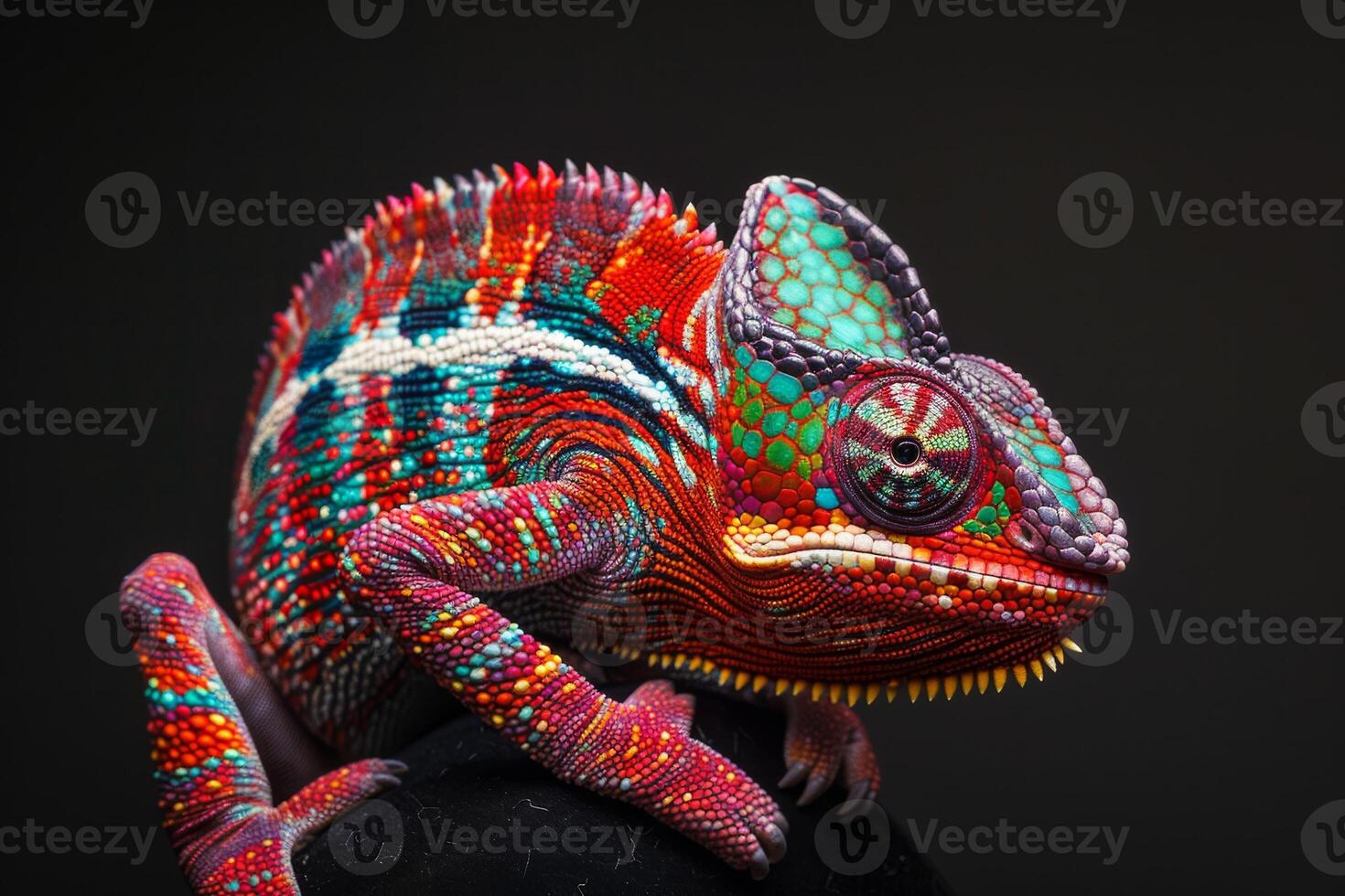 A colorful chameleon is sitting on a rock photo