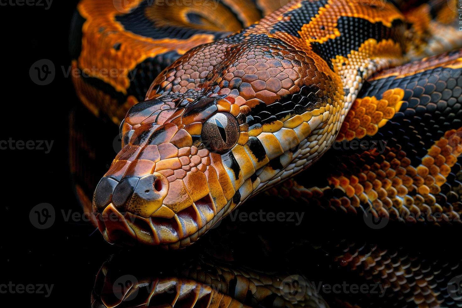 A snake with its mouth open and its eyes closed photo