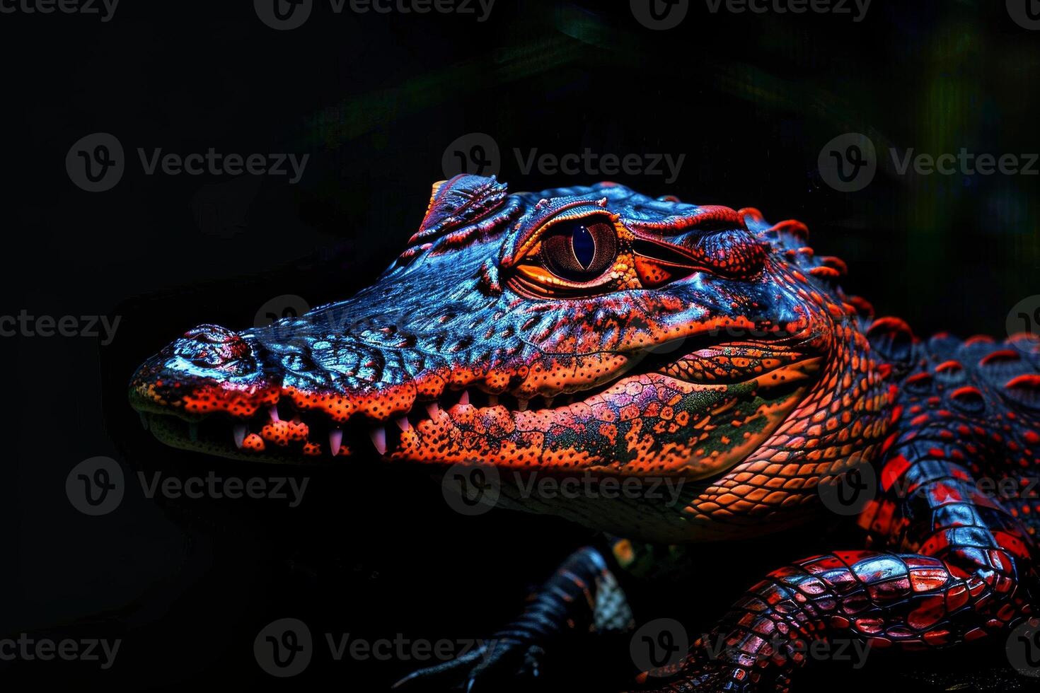 A close up of a red and orange alligator photo