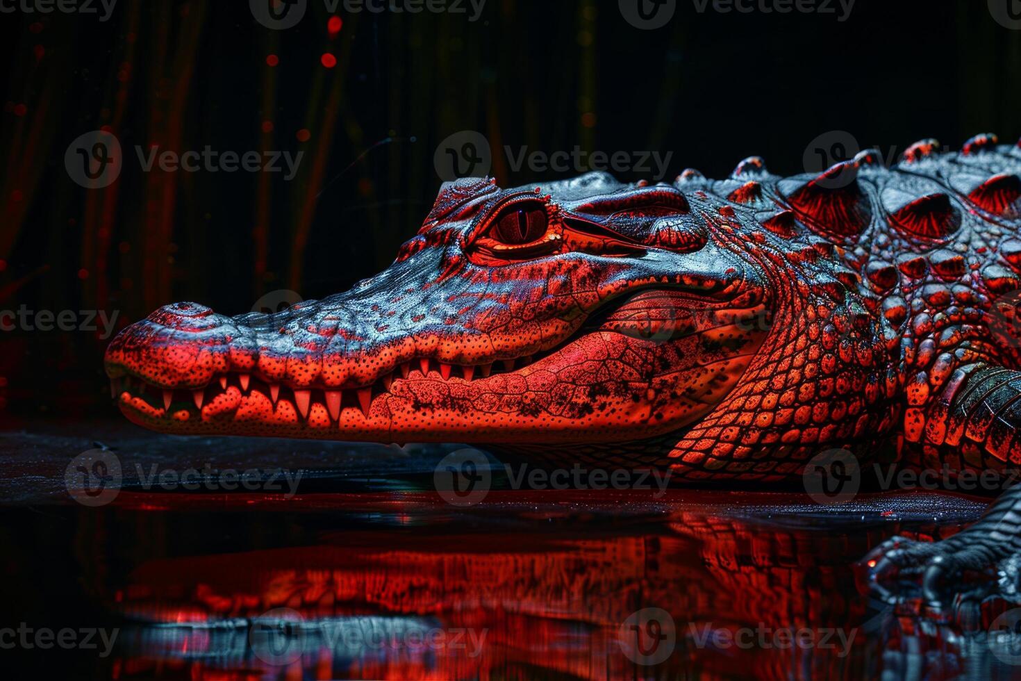 A large alligator is reflected in the water photo