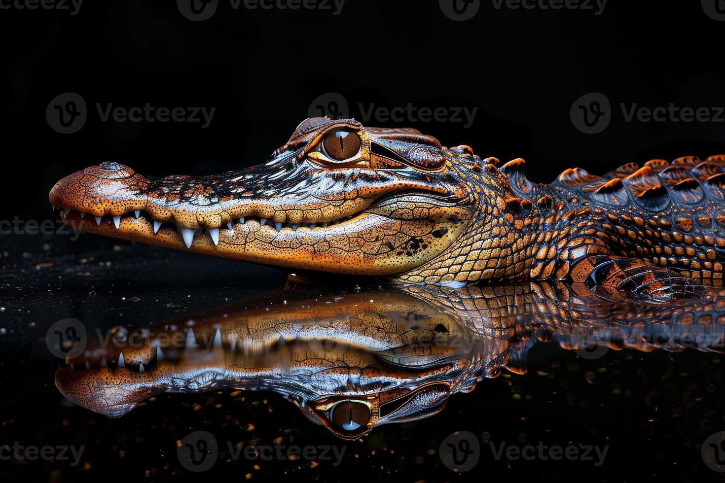 A large alligator with its reflection in the water photo