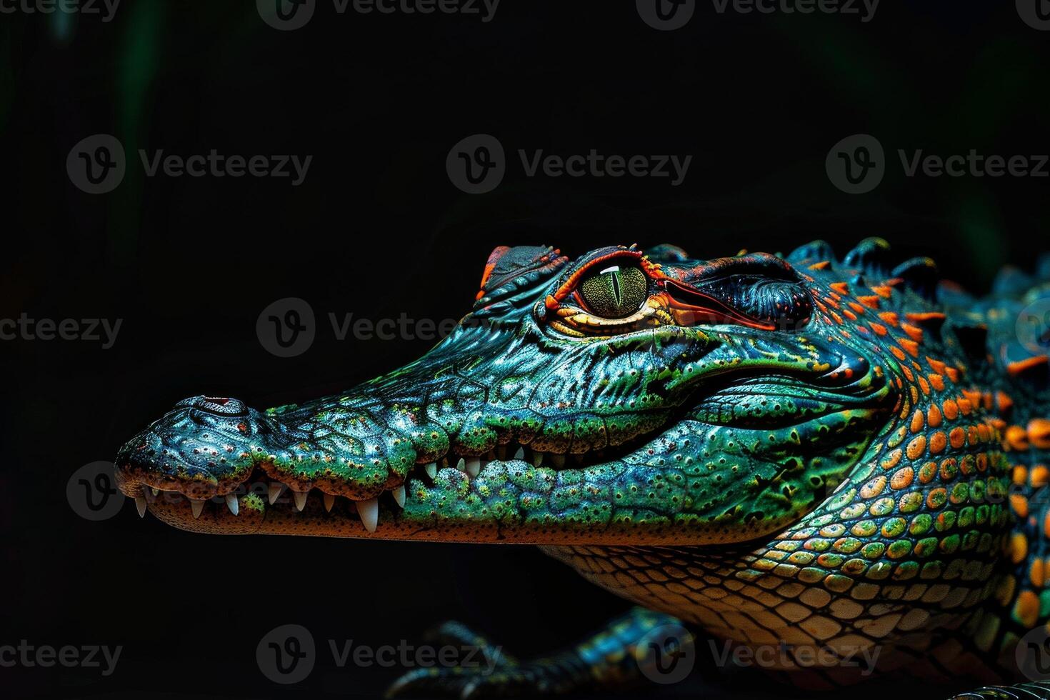 A close up of a colorful alligator photo