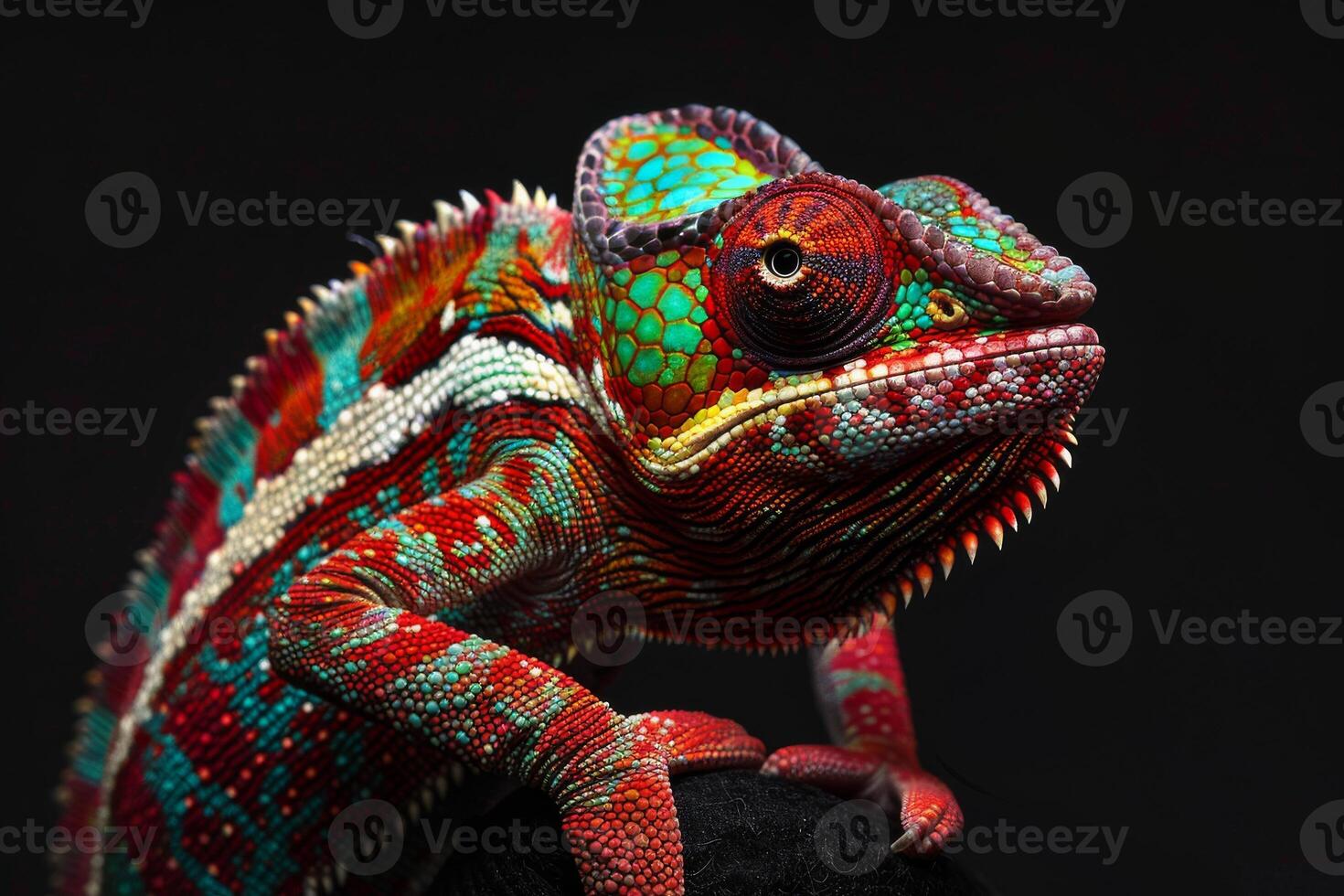 A colorful chameleon is sitting on a black background photo