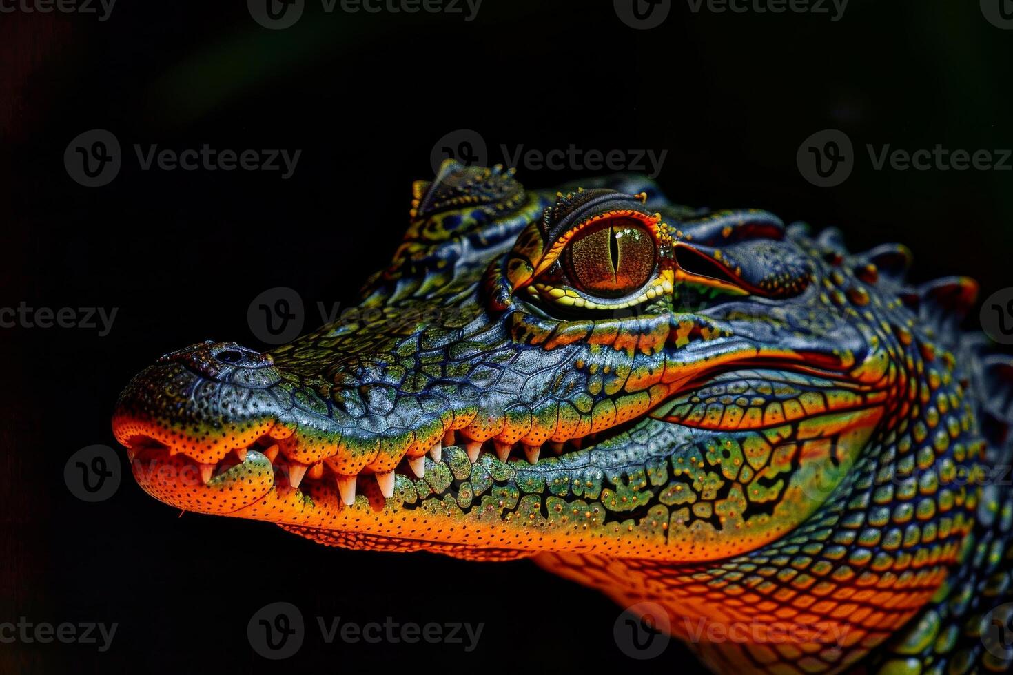 A close up of a crocodile's head with its eyes open photo