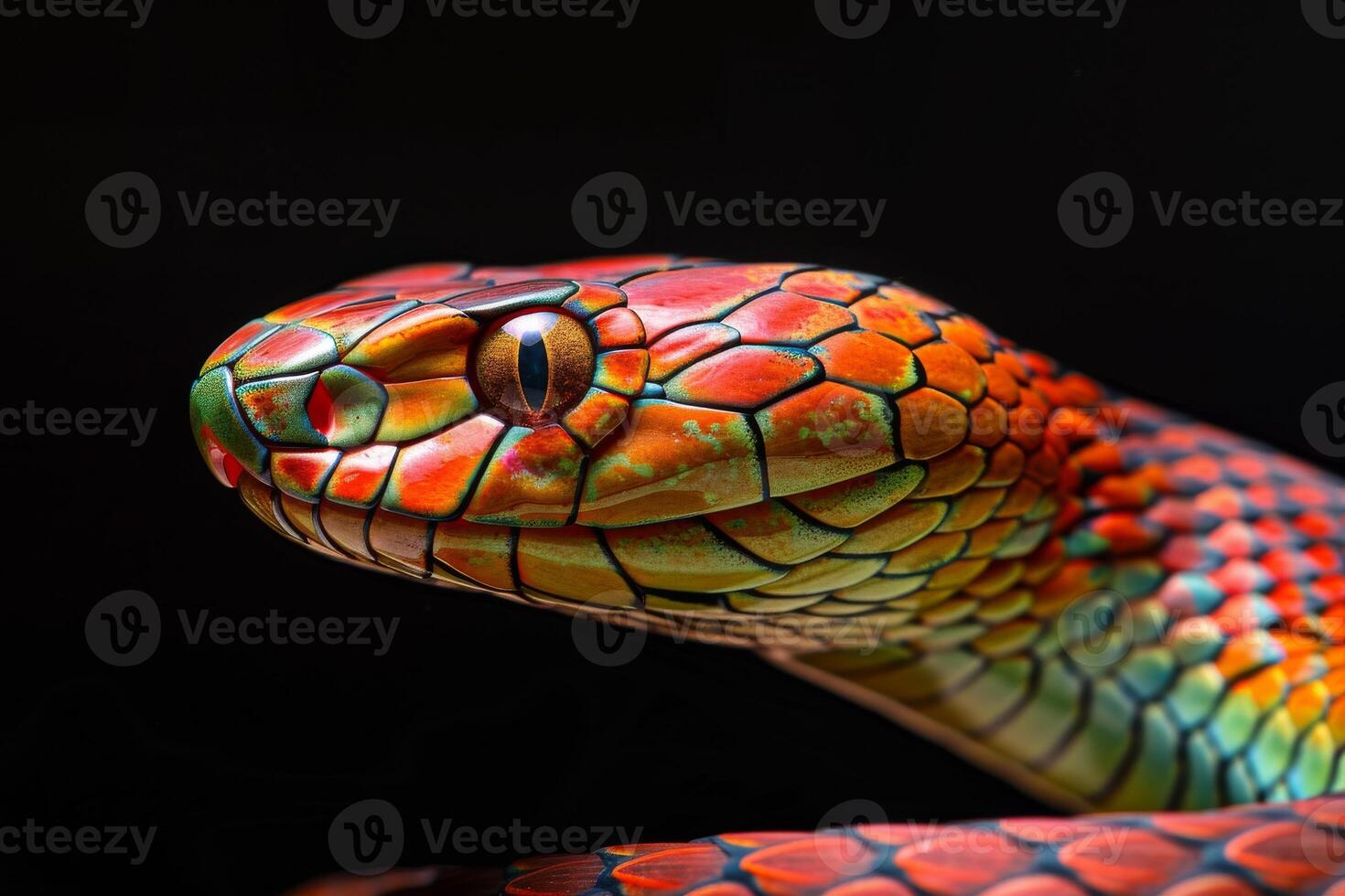 A close up of a colorful snake's head photo