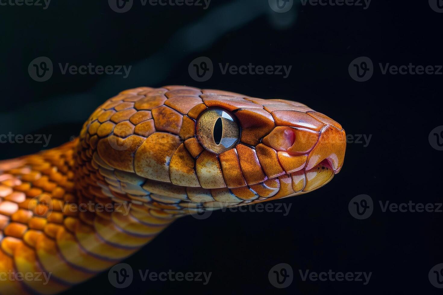 A close up of a snake's head with its eyes open photo