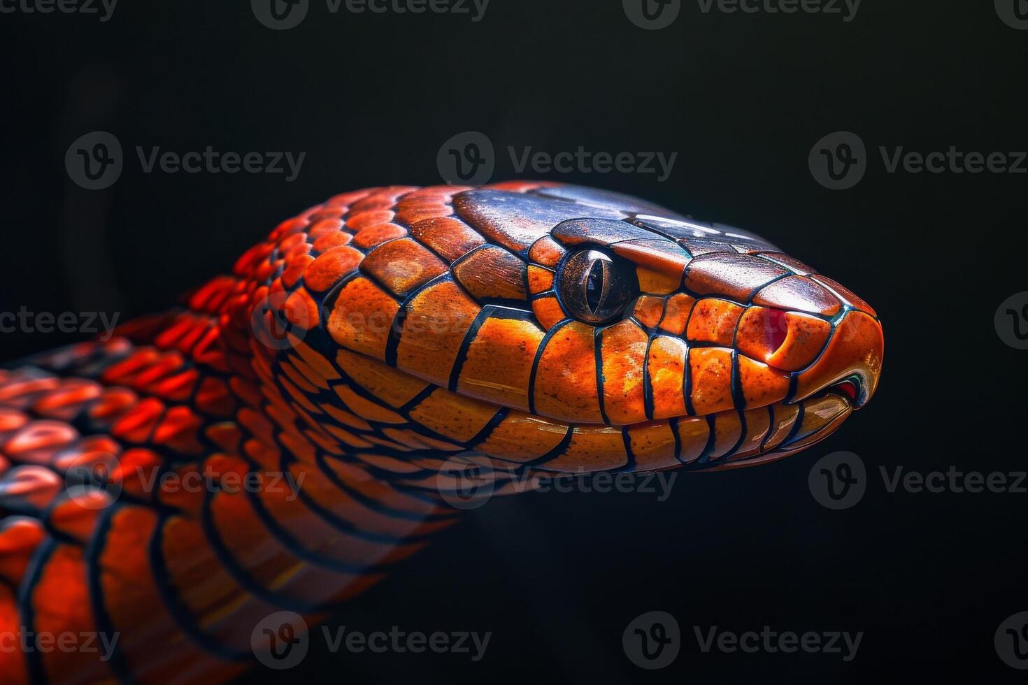 A close up of a red and orange snake photo