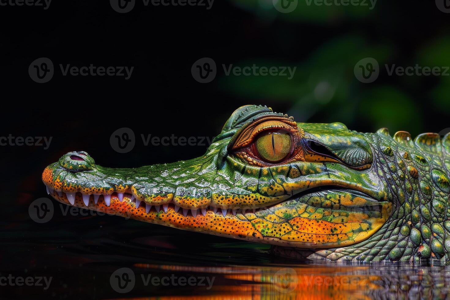 A crocodile with bright green eyes and a long neck photo