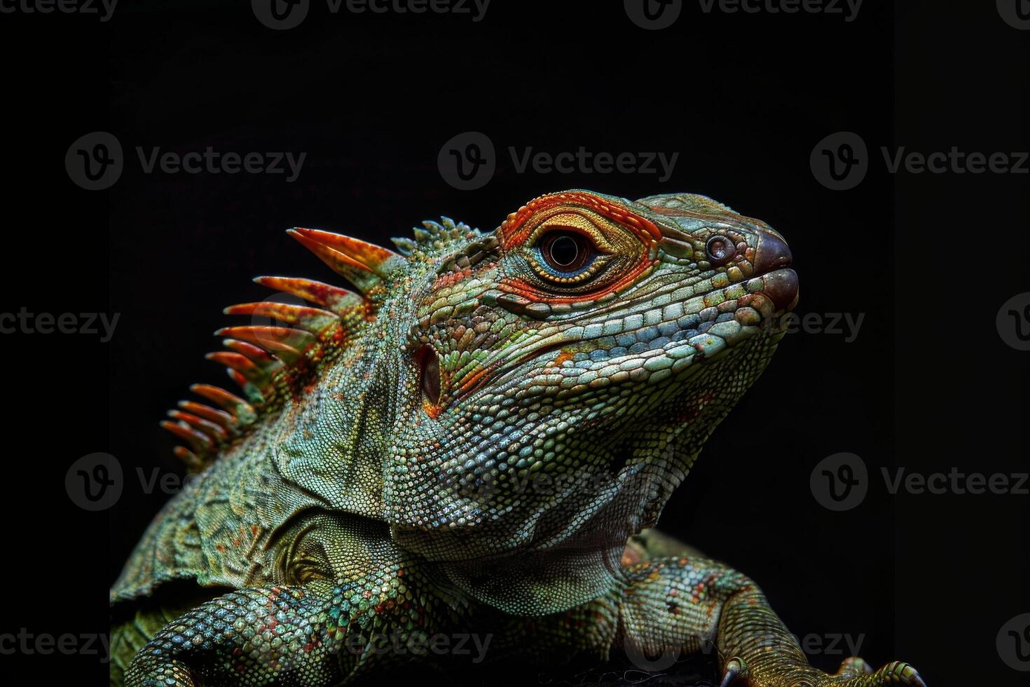 An iguana with bright red eyes and a black background photo