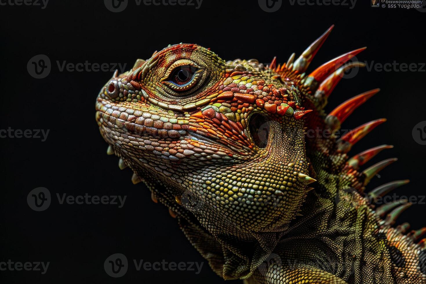 An iguana with red and green spikes on its head photo