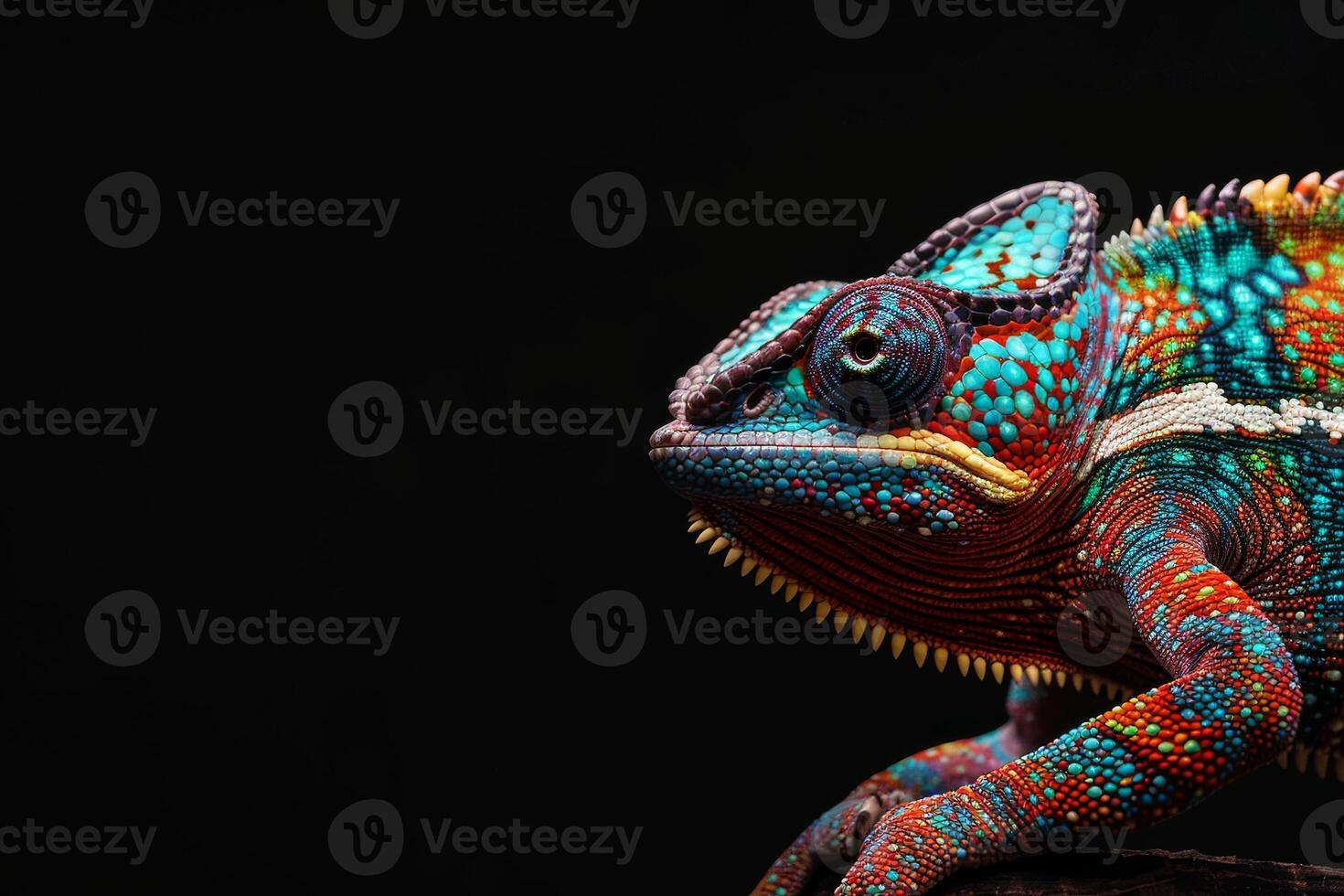 A colorful chameleon is sitting on a branch photo