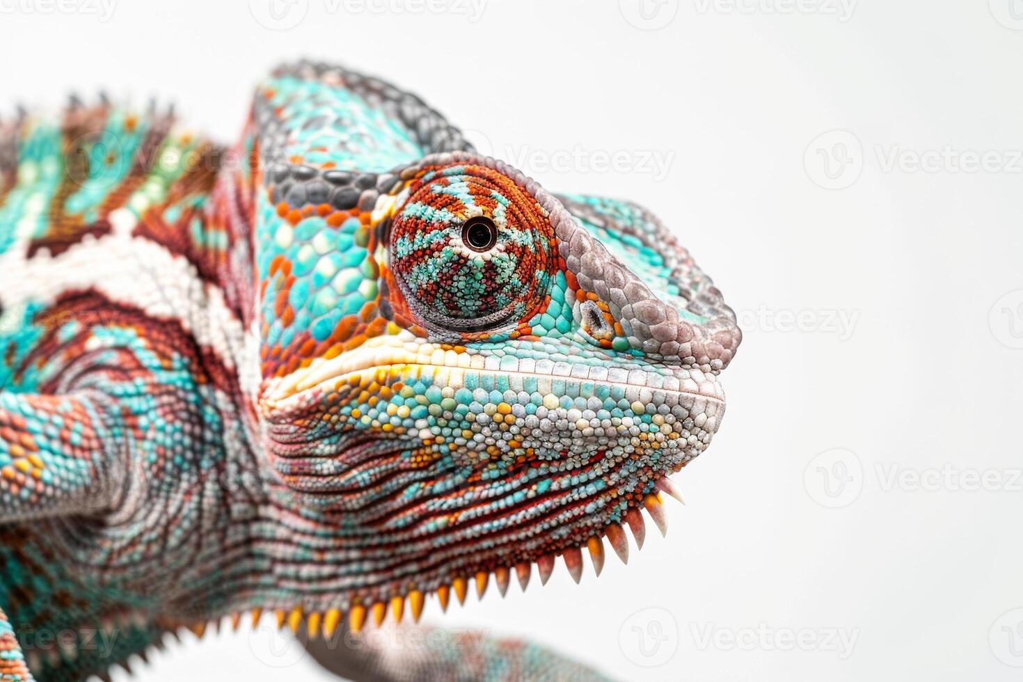 A close up of a chameleon with colorful stripes photo