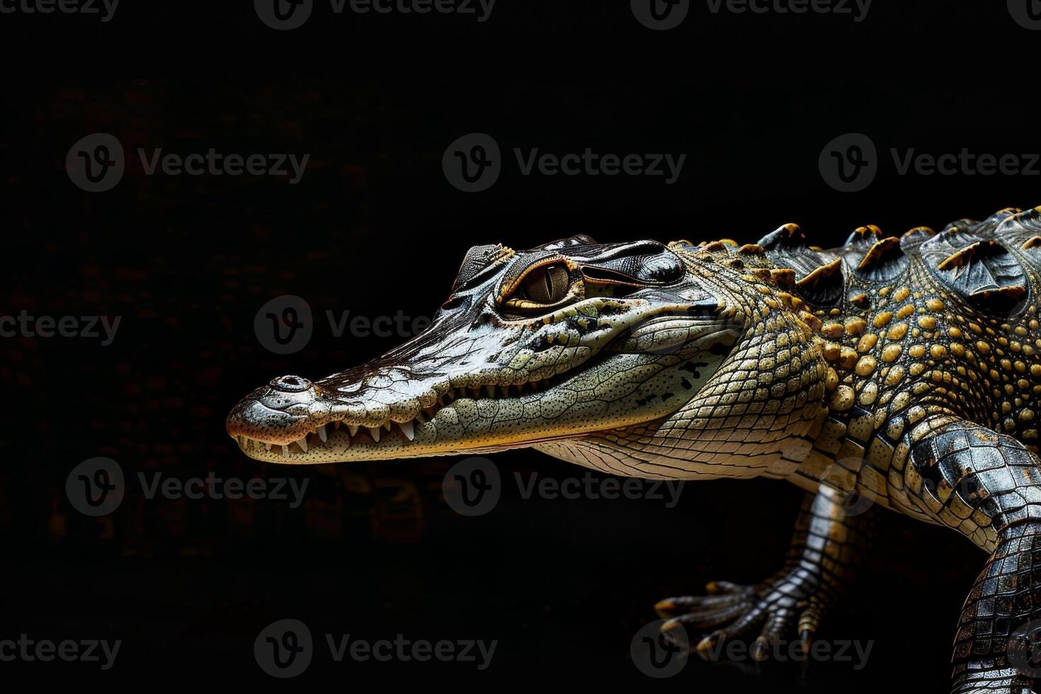 A large alligator is standing on a black background photo