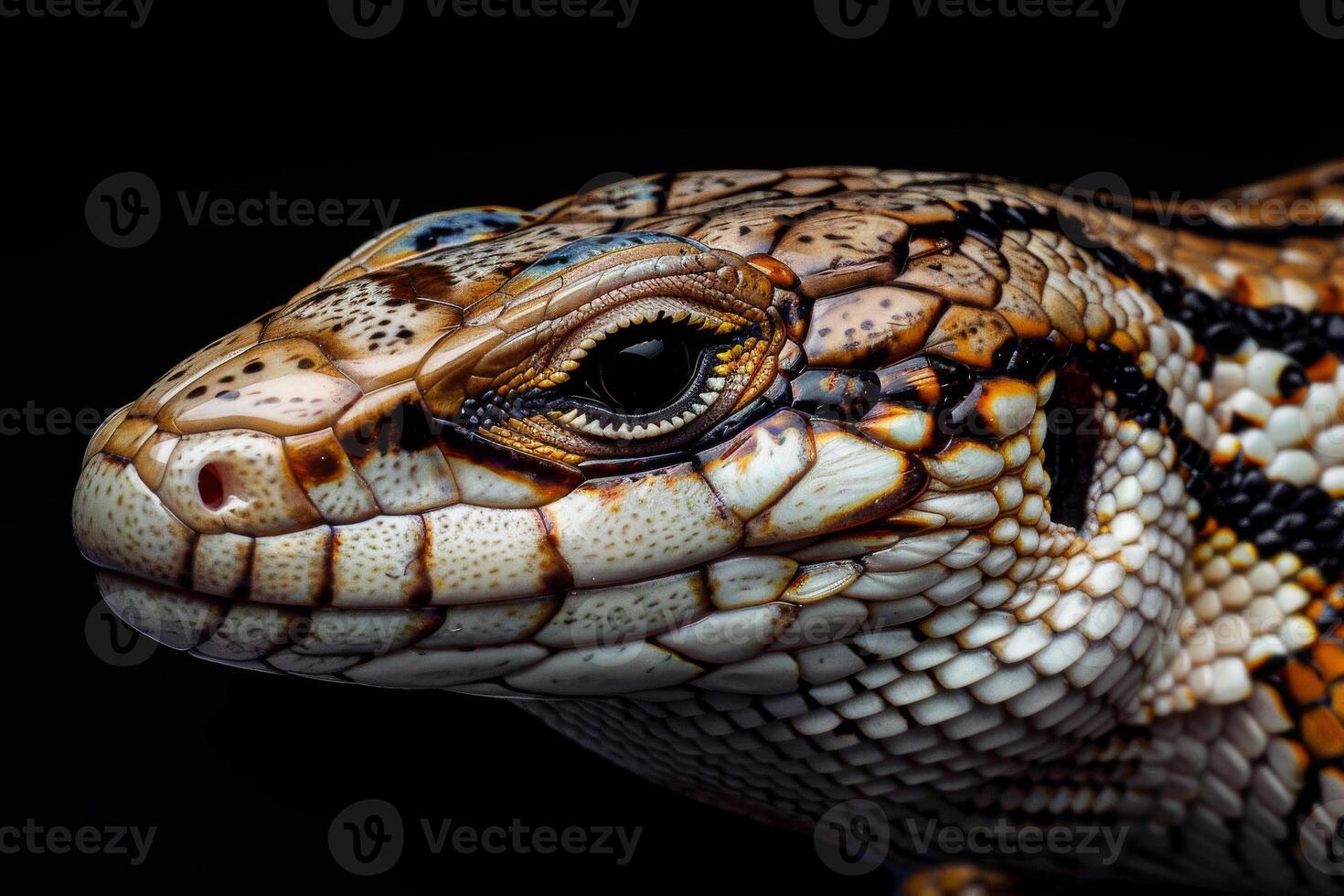 A close up of a lizard's face with black background photo