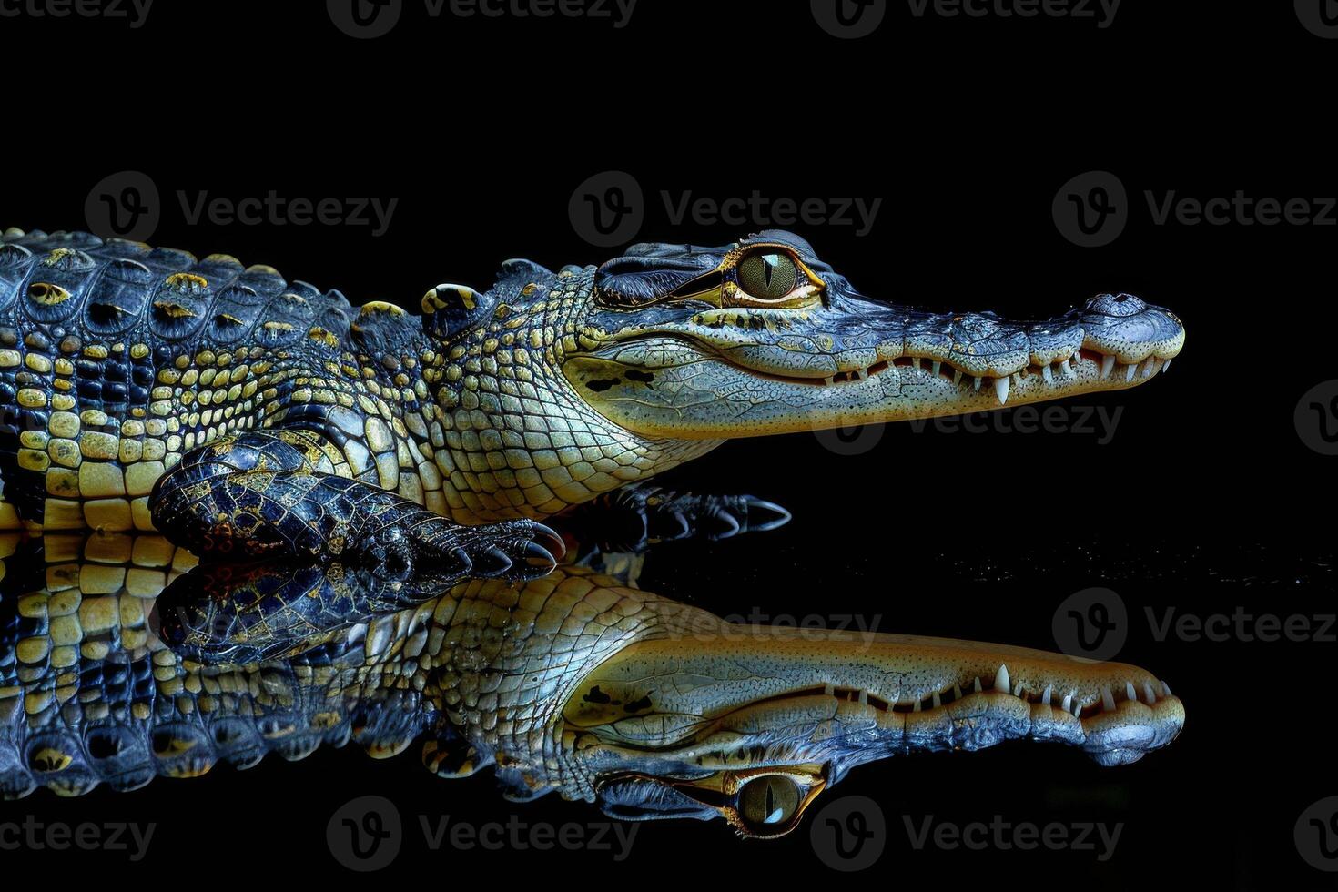 A large alligator is reflected in the water photo