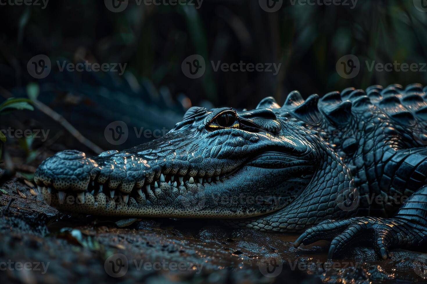 An alligator is sitting on the ground photo