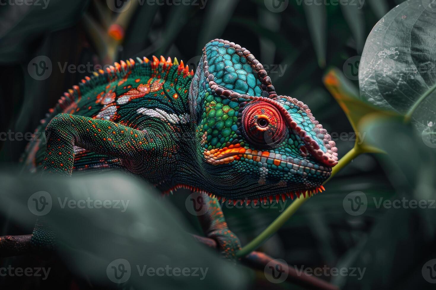 A colorful chameleon is sitting on a branch photo