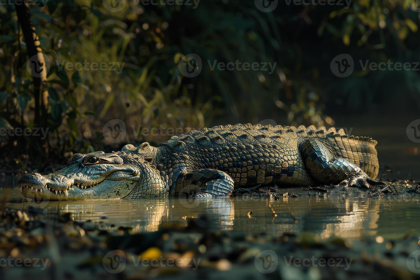 A large alligator rests in the water photo