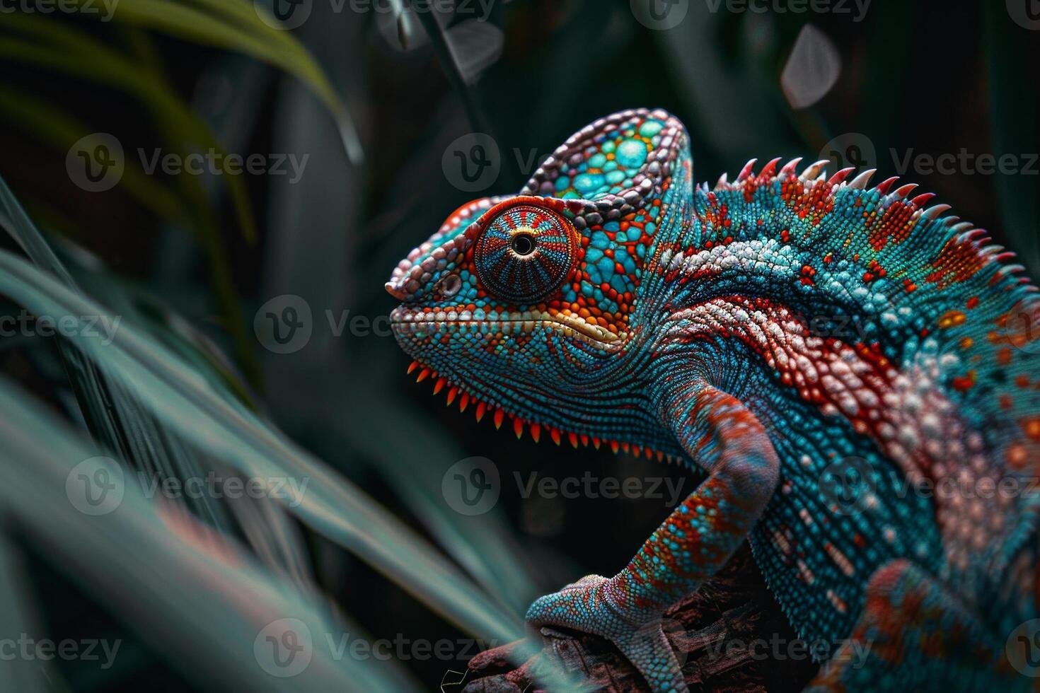 A colorful chameleon sitting on a branch photo