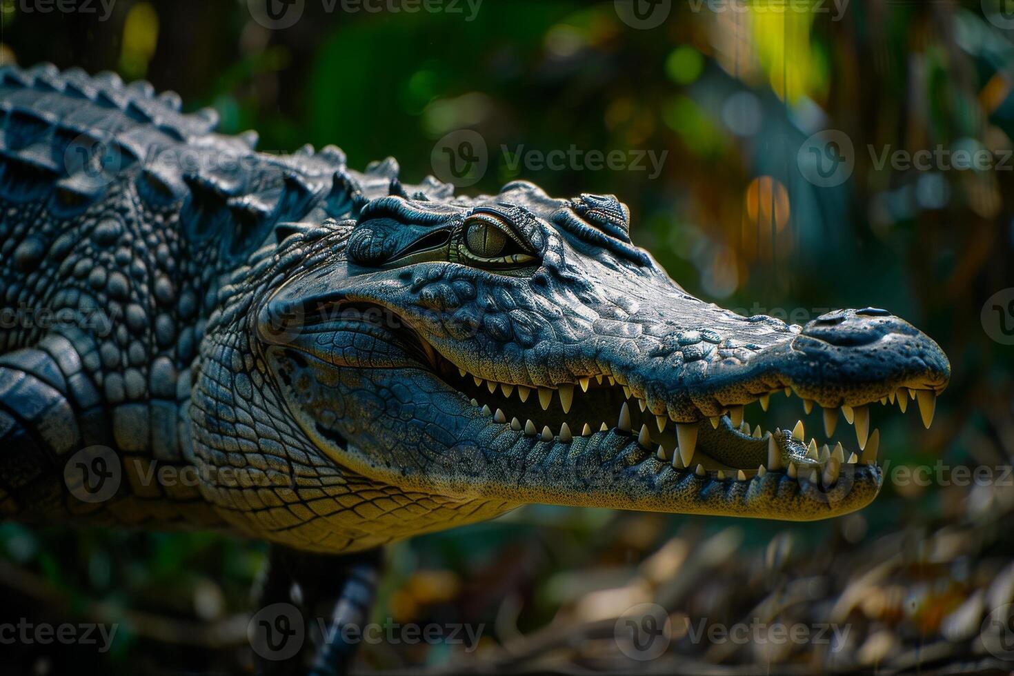 A close up of a large alligator with its mouth open photo