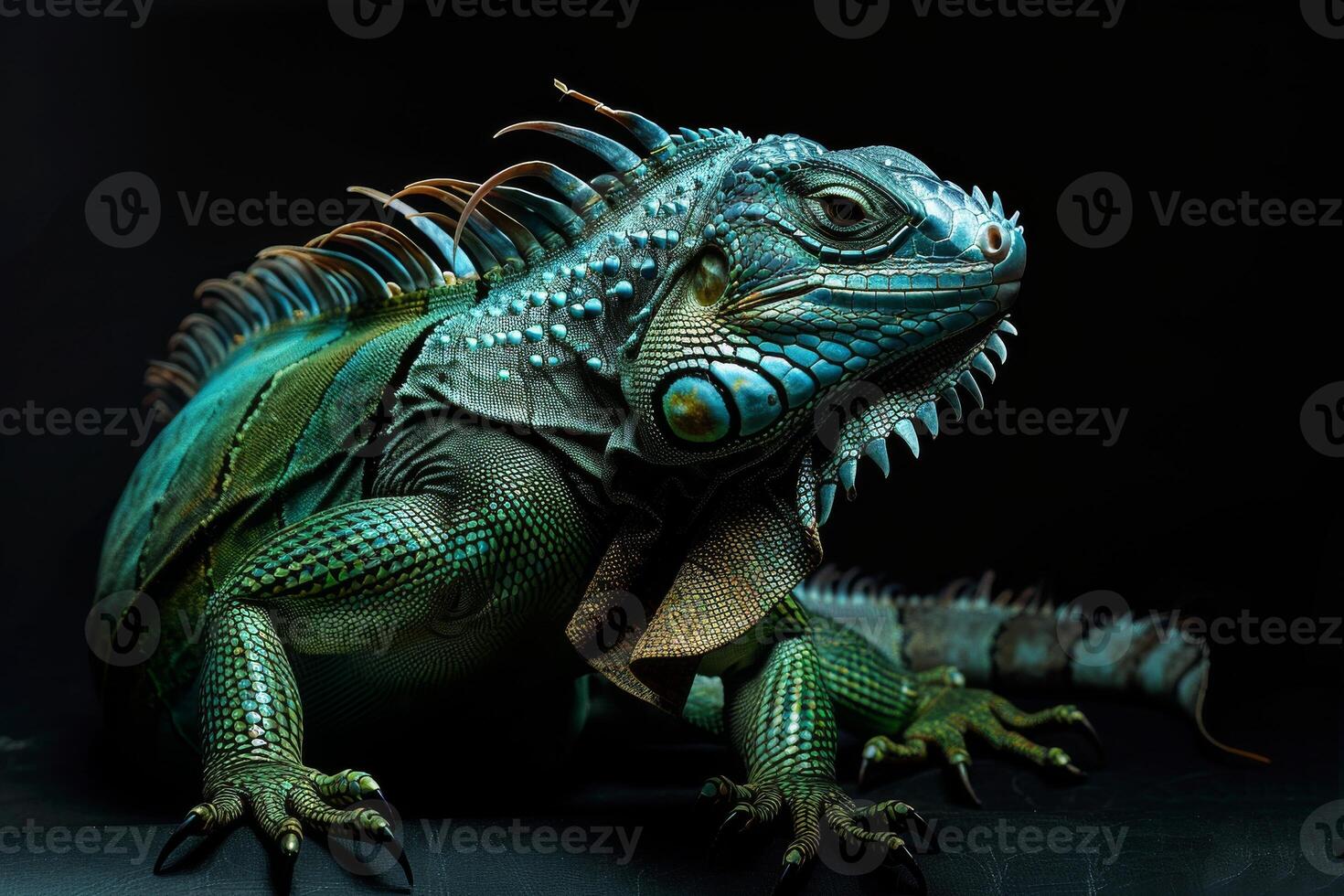 A green iguana with blue eyes and long spikes photo