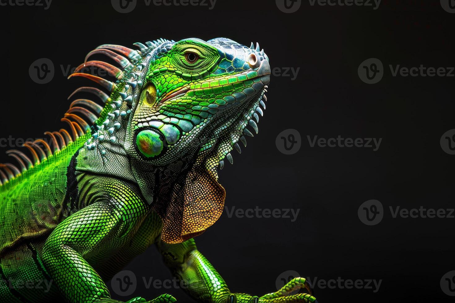 An iguana with bright green and orange colors photo