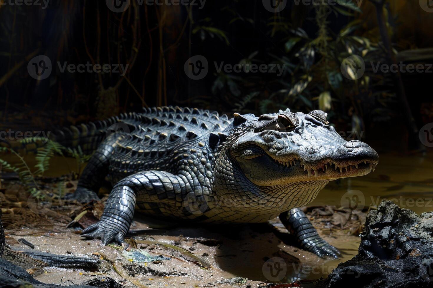 A fake alligator is sitting on a rock photo