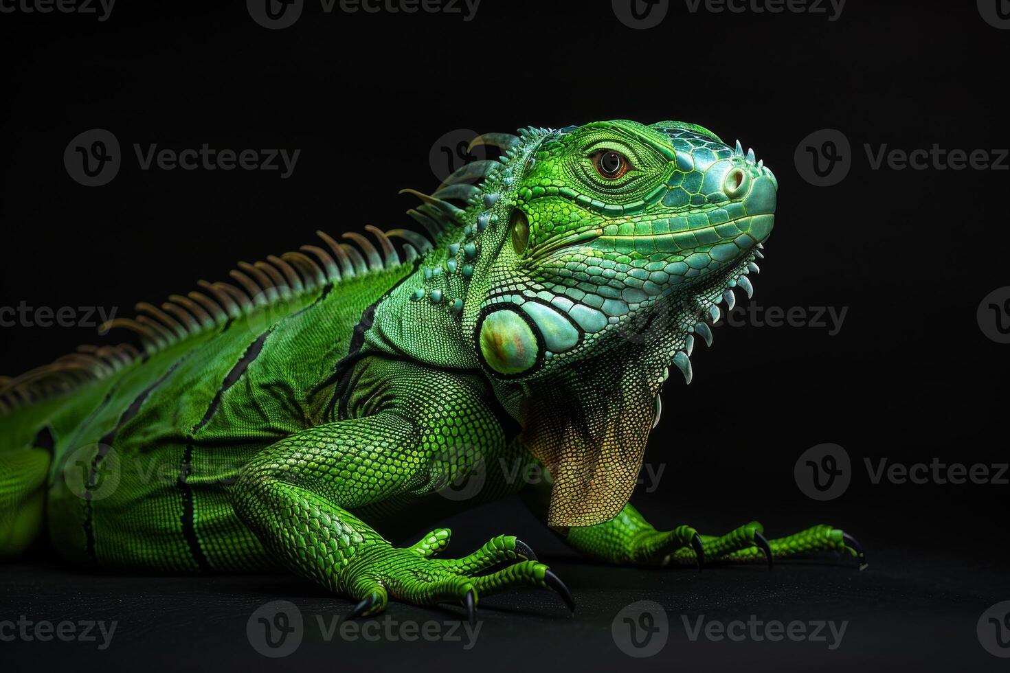 An iguana is painted green and has a black background photo