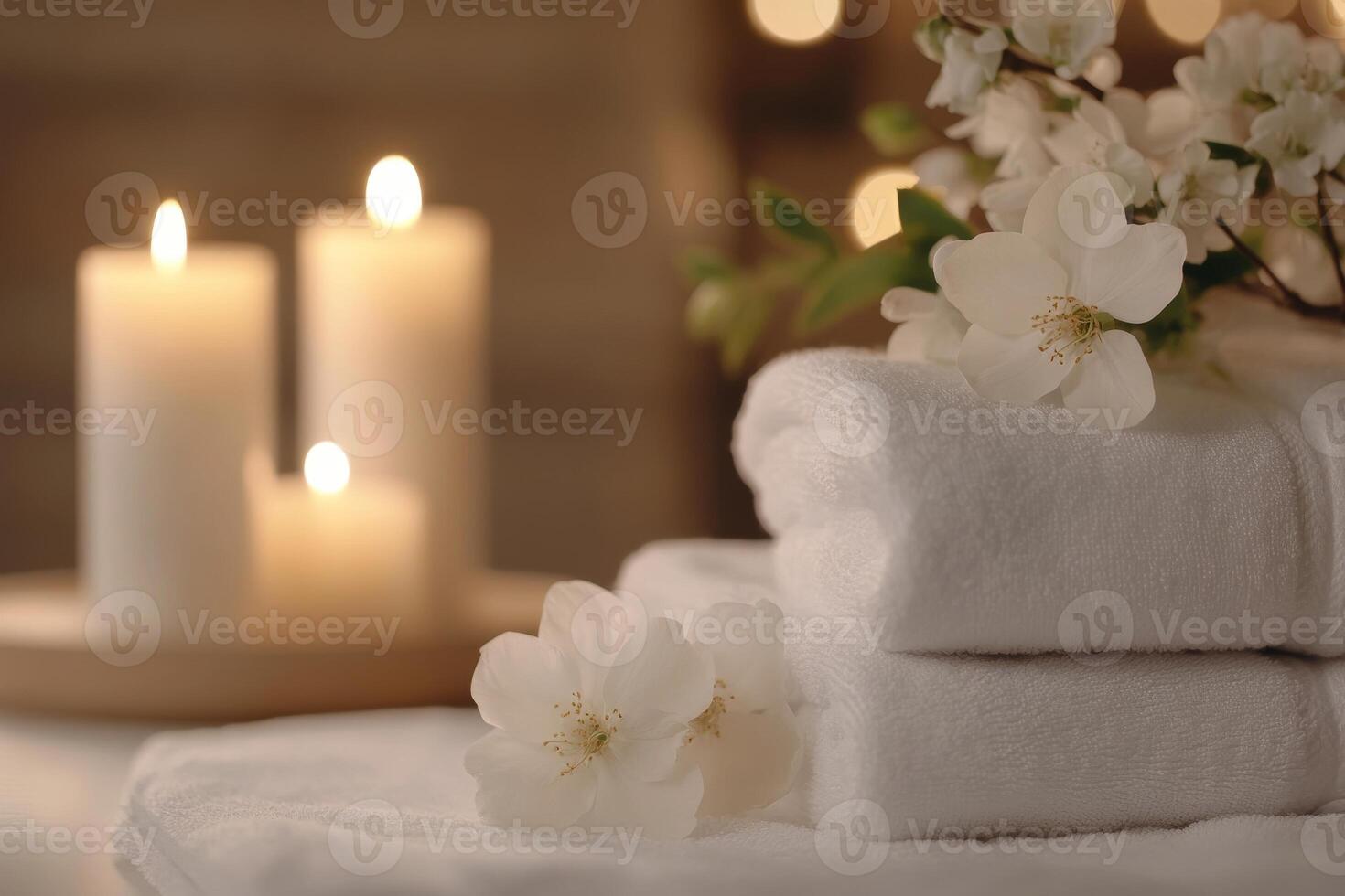 White towels with flowers and candles on a table photo