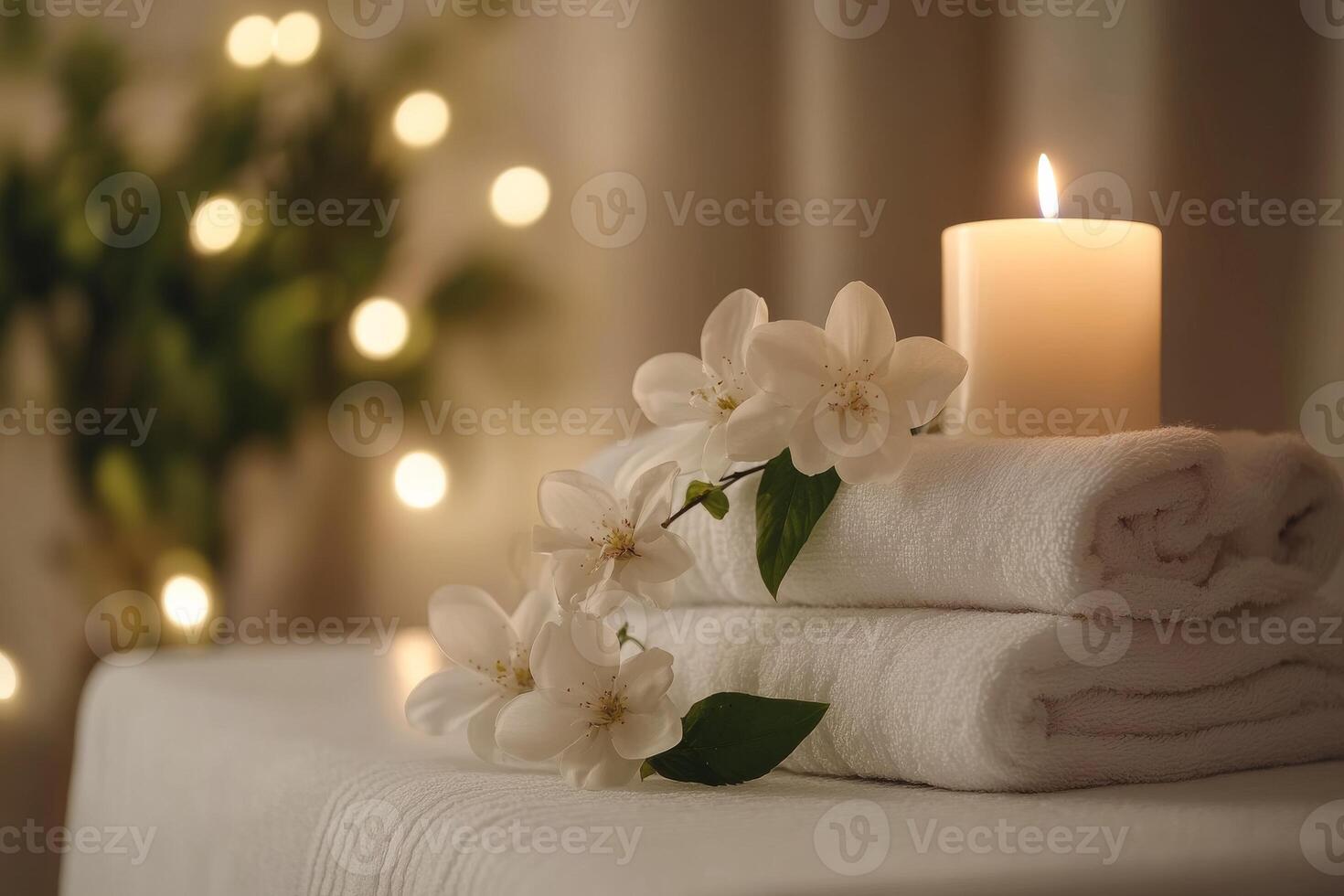 A candle and flowers on a table with towels photo
