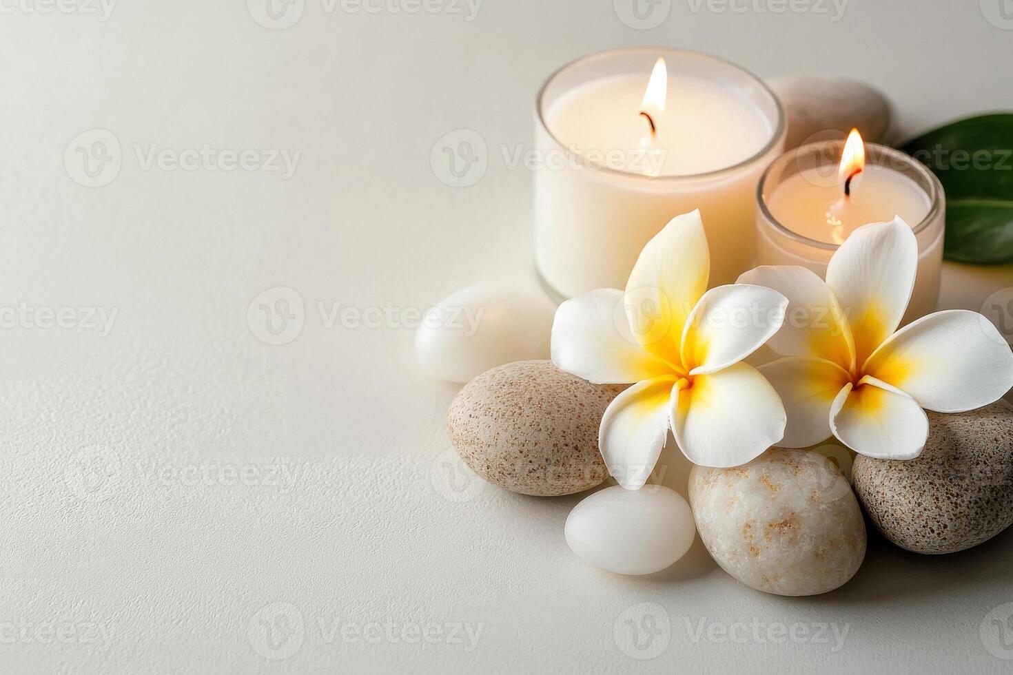 Spa stones and candles with frangipani flower on white background photo