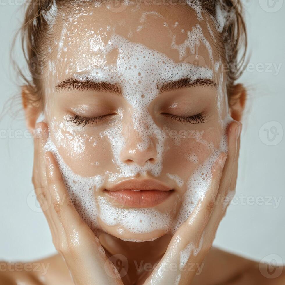 A woman with a face covered in soap photo