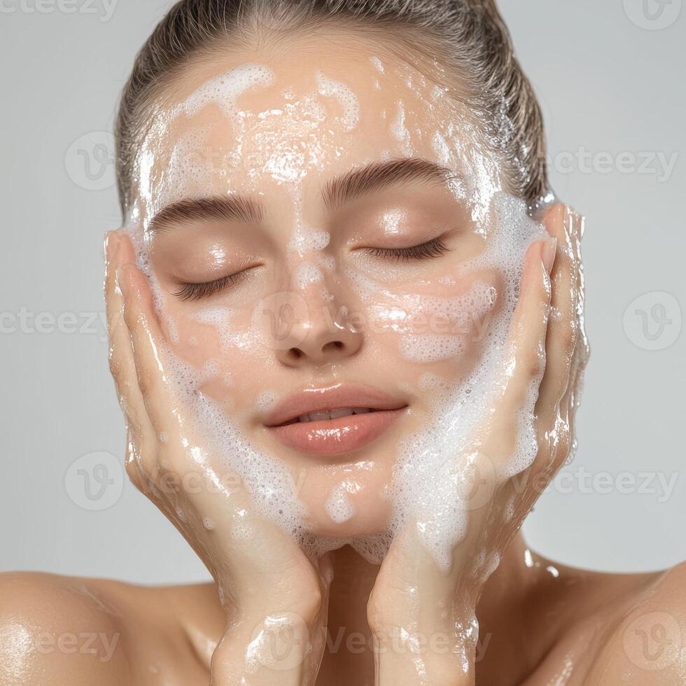 A woman with a face full of foam photo