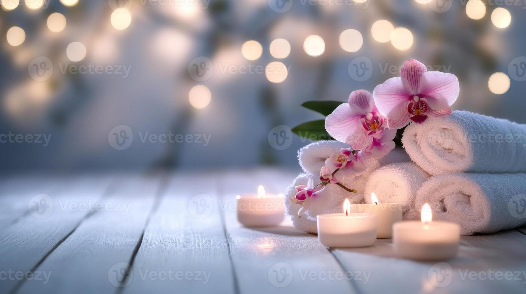 Spa towels and candles on wooden table with bokeh lights photo