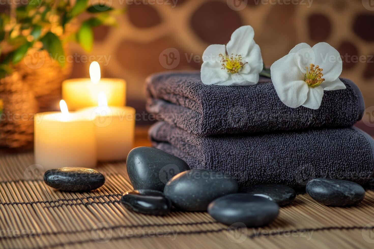 Spa towels and candles on bamboo mat photo