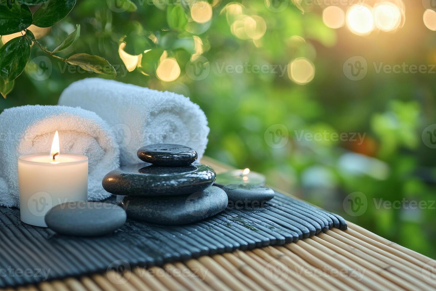 Spa stones and candles on bamboo mat photo