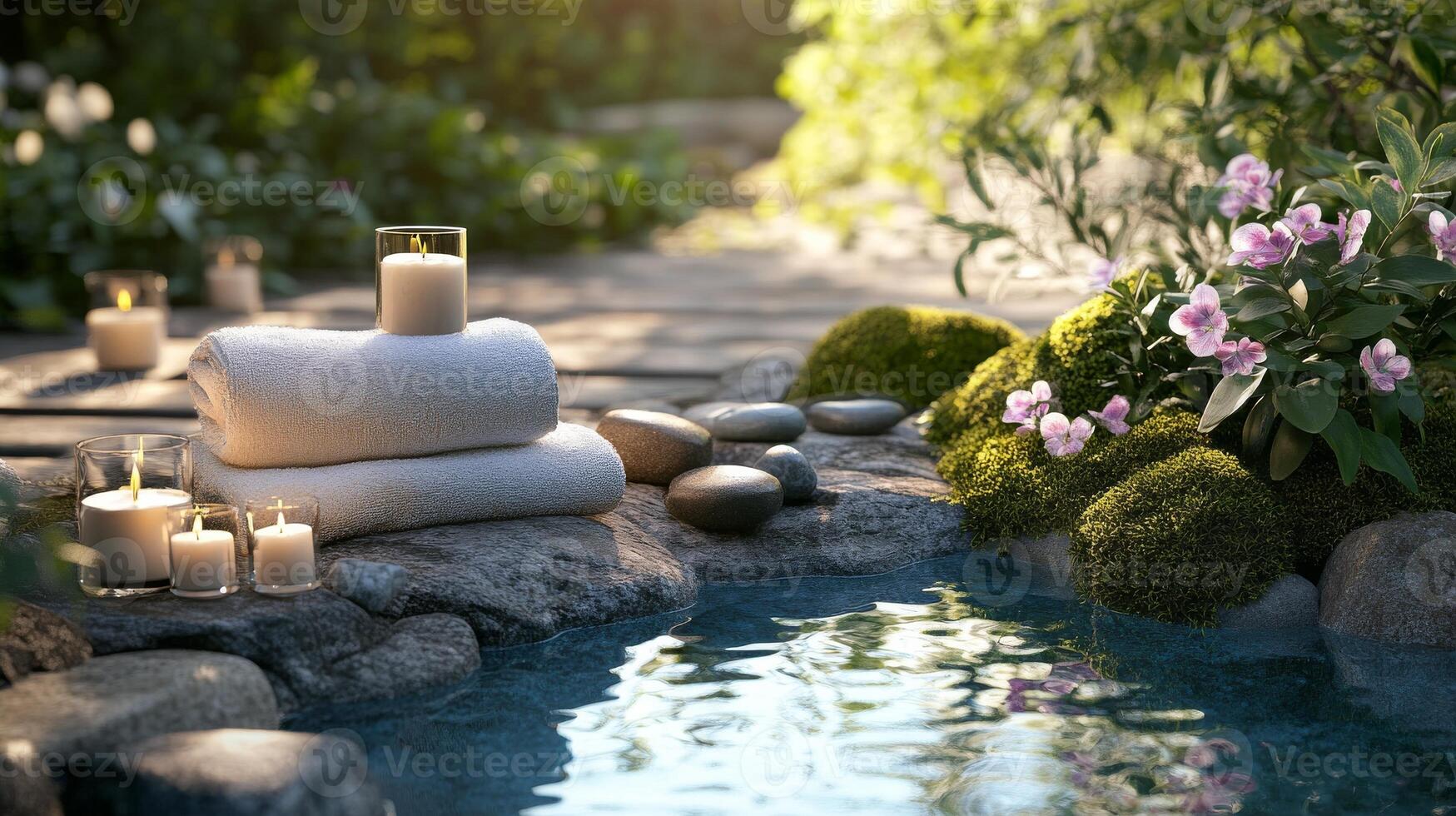 A spa with candles and towels sitting on rocks photo