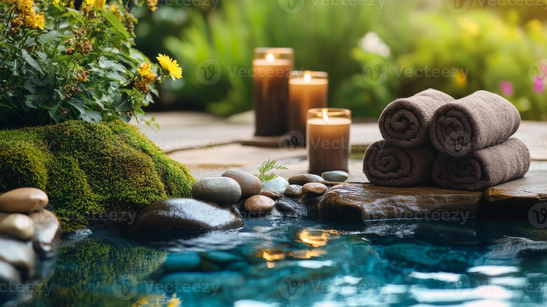 Spa towels and candles in a garden photo