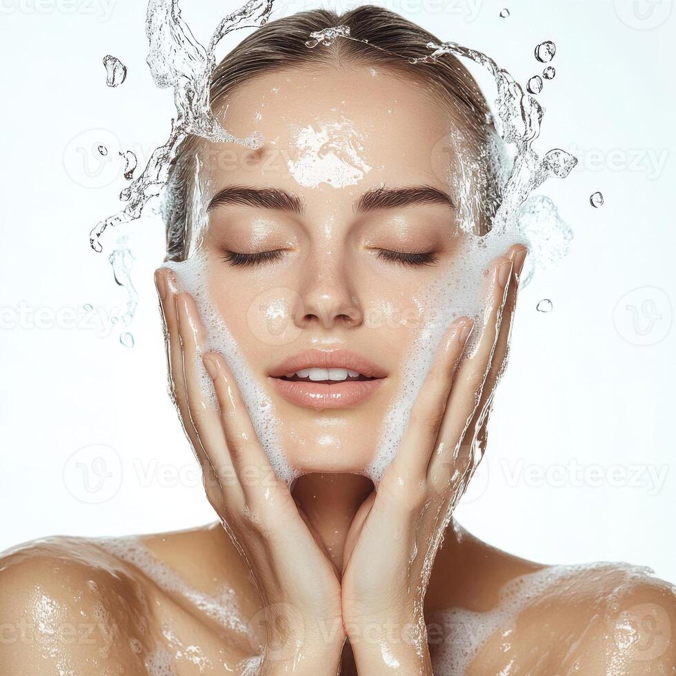 Beautiful woman with clean face and water splashing on her face photo