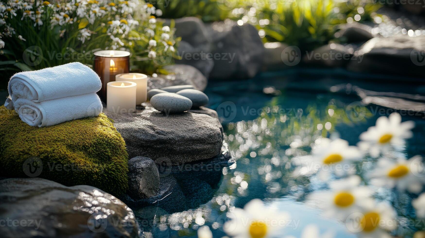 Spa with candles and towels in the garden photo